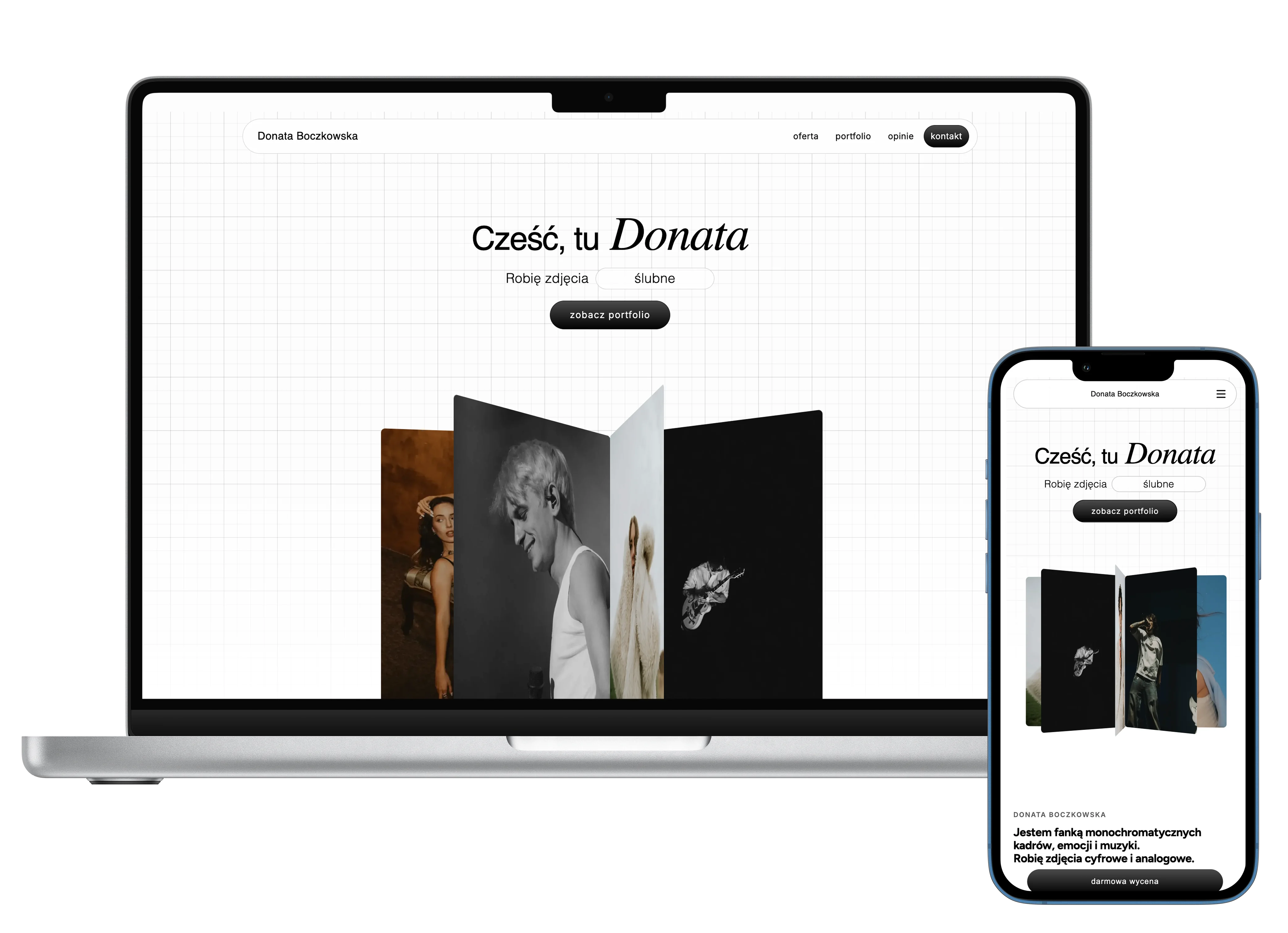 Portfolio Donata Boczkowska — jasna strona wejściowa z nagłówkiem i portretami, desktop i mobile