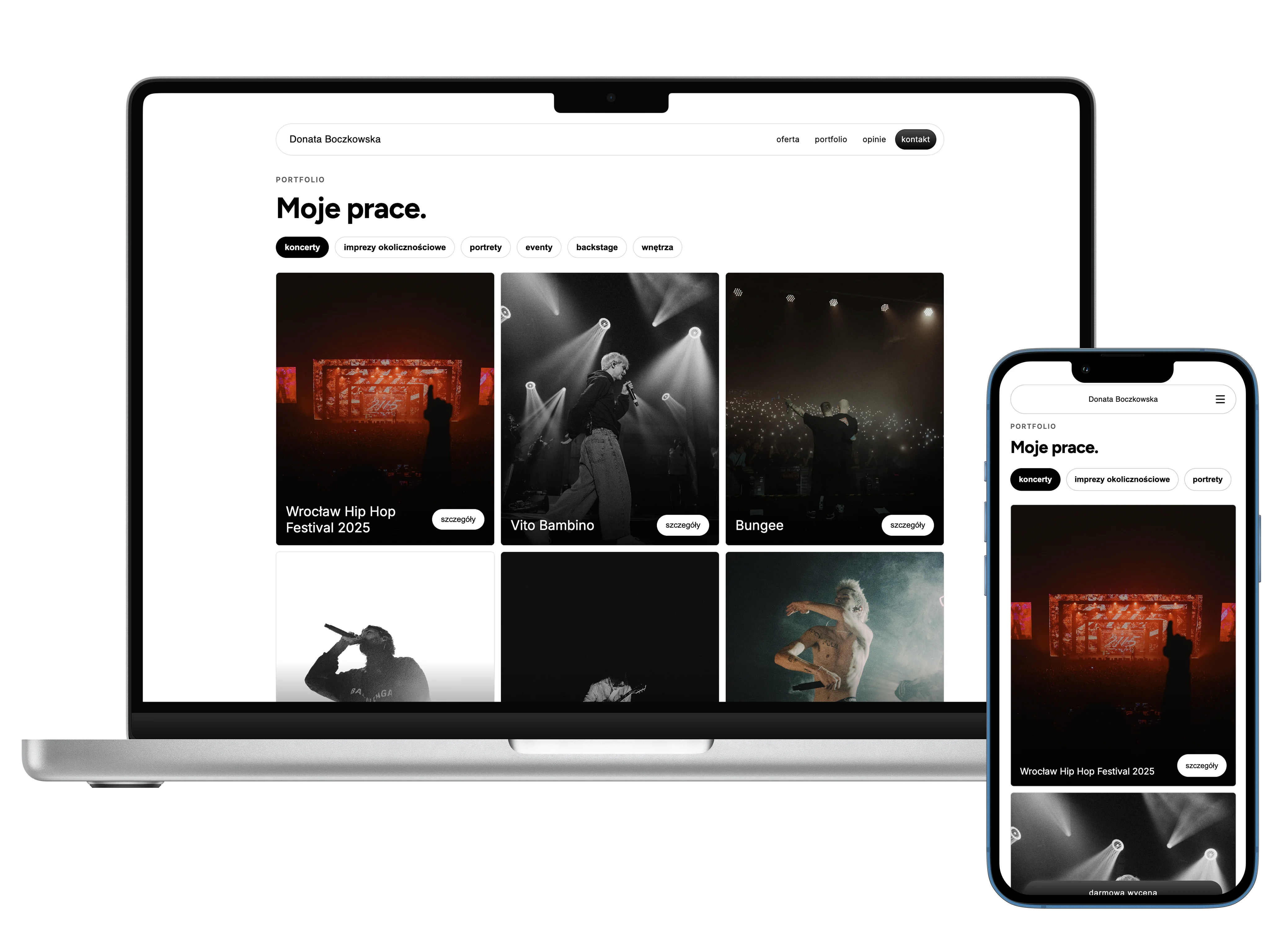 Portfolio Donata Boczkowska — galeria prac na ciemnym tle, układ siatki, desktop i mobile