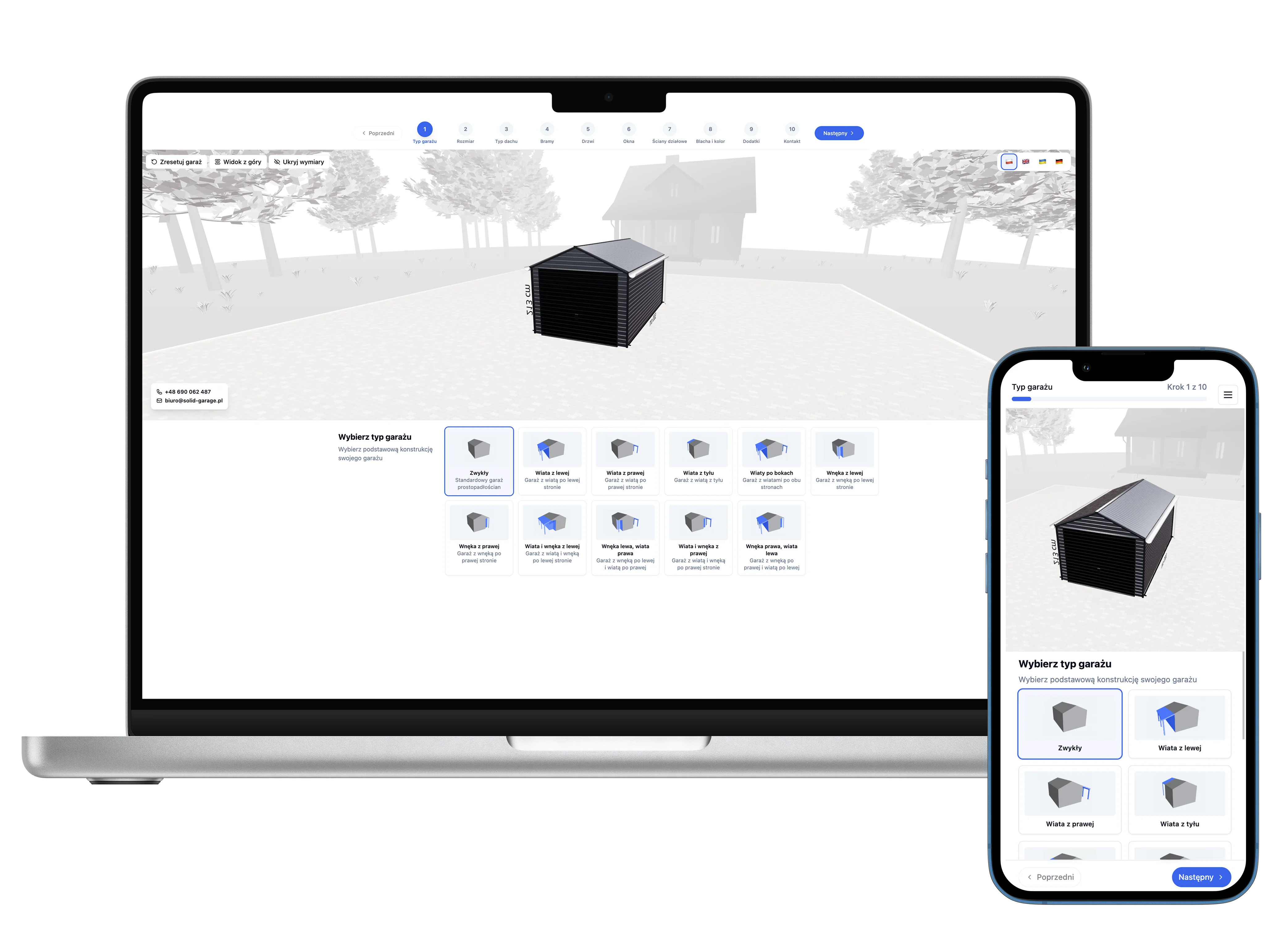 Solid Garage — krok 1: wybór typu garażu, widok 3D na desktopie i telefonie