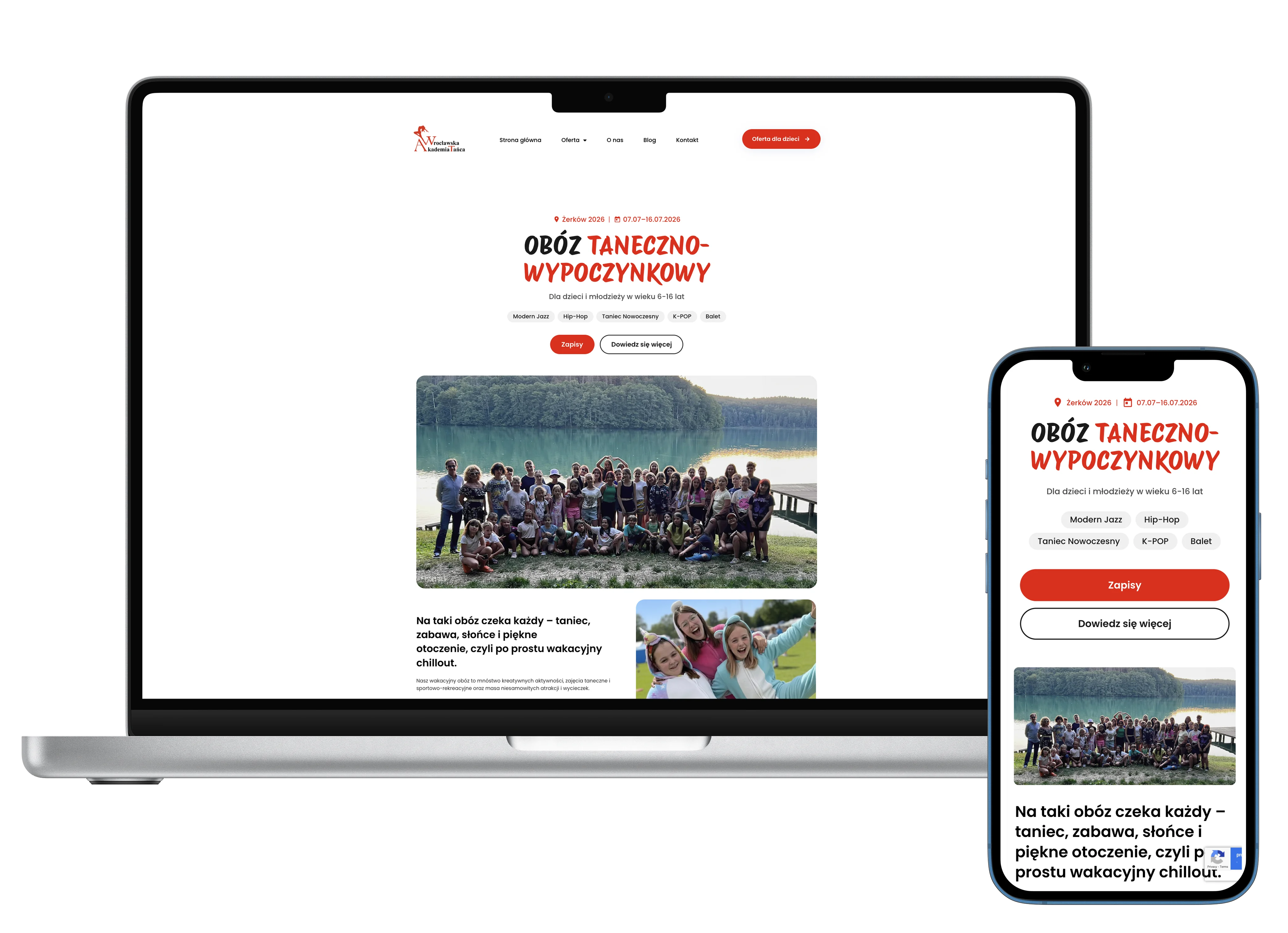 Wrocławska Akademia Tańca — landing obozu tanecznego dla młodzieży, desktop i mobile