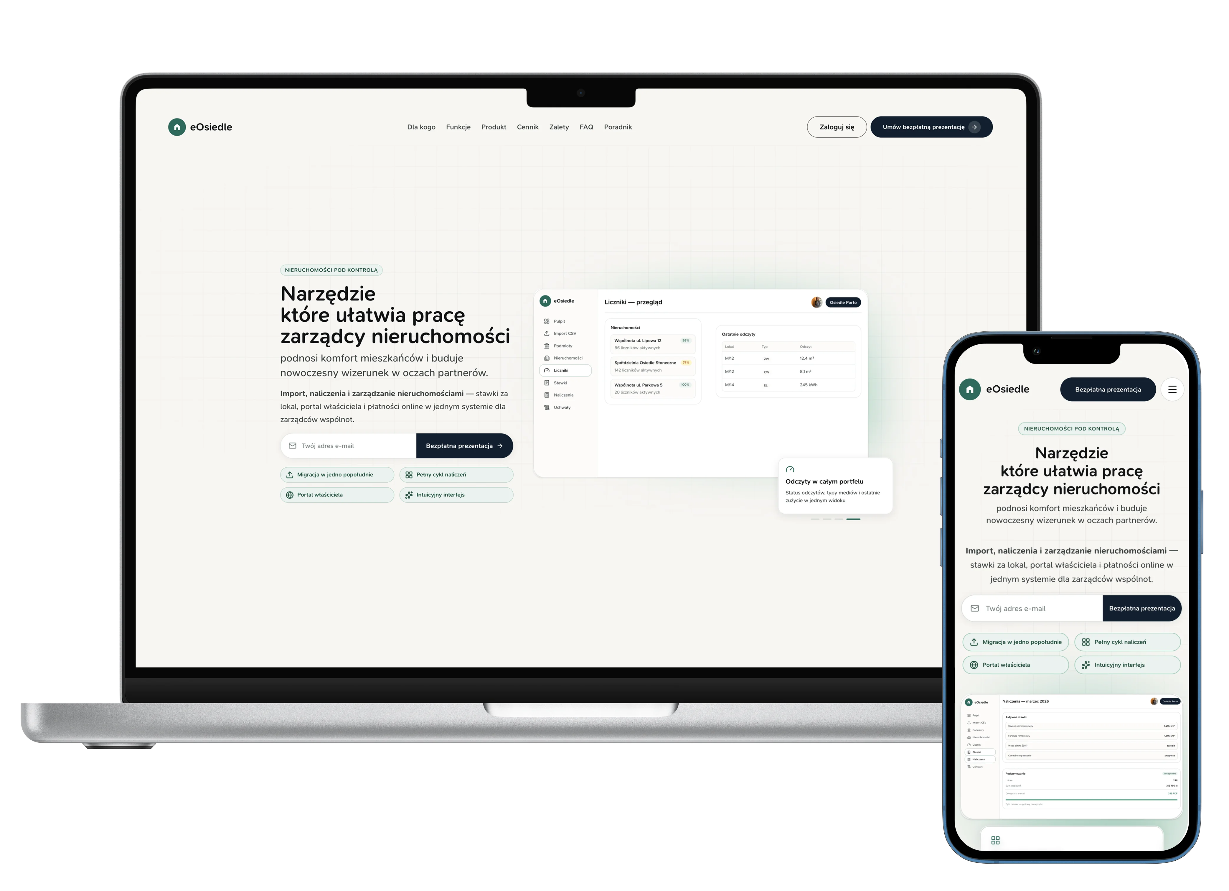 eOsiedle — strona produktu i panel zarządzania nieruchomościami, desktop i mobile